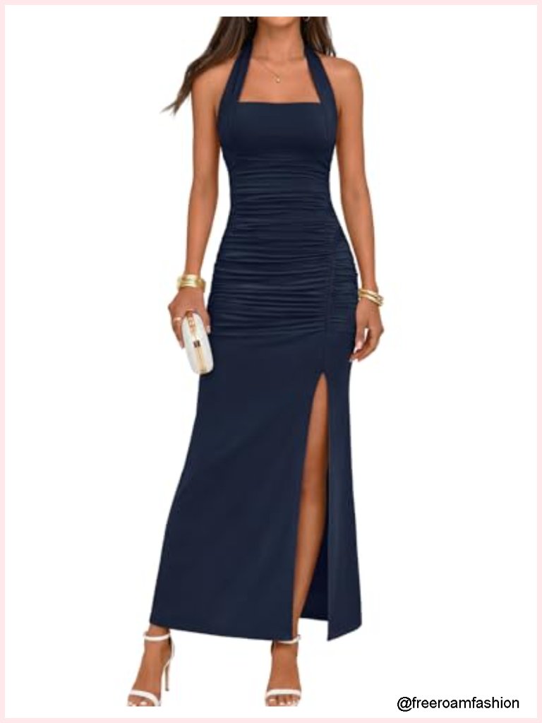 Sleeveless Halter Backless Slit Ruched Maxi Dress Cocktail Formal Bodycon Swing